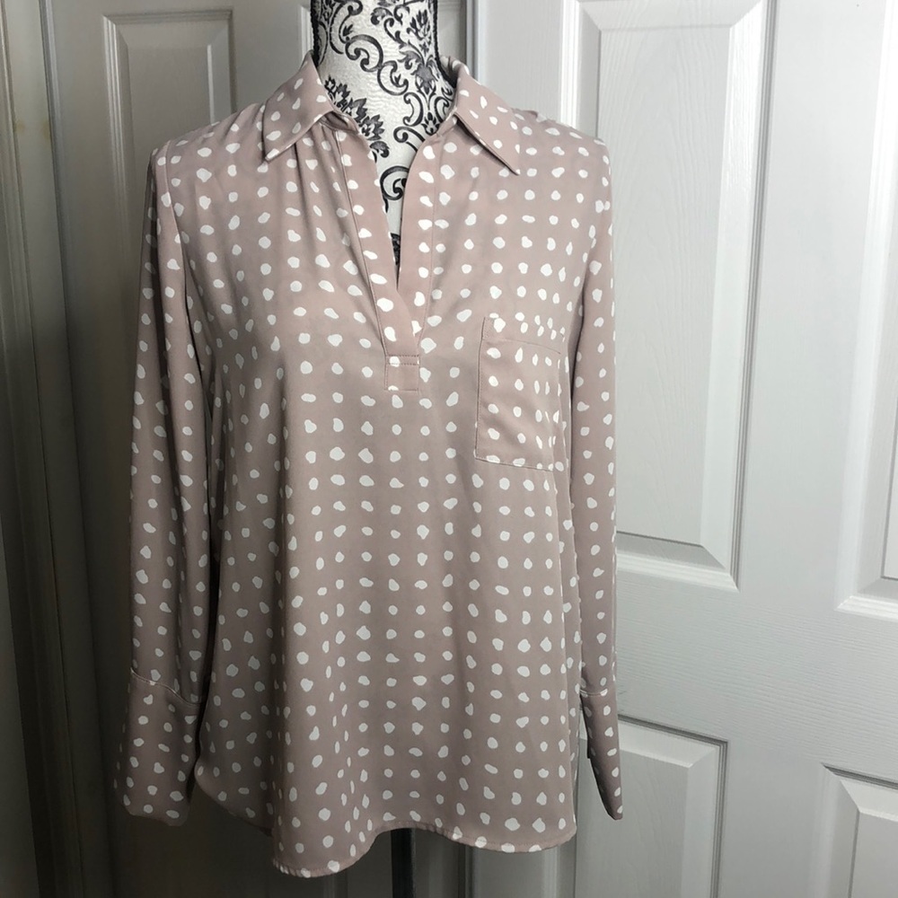 Anthro Pleione Taupe White Dots V Neck Long Sleeve XS - Picture 1 of 6